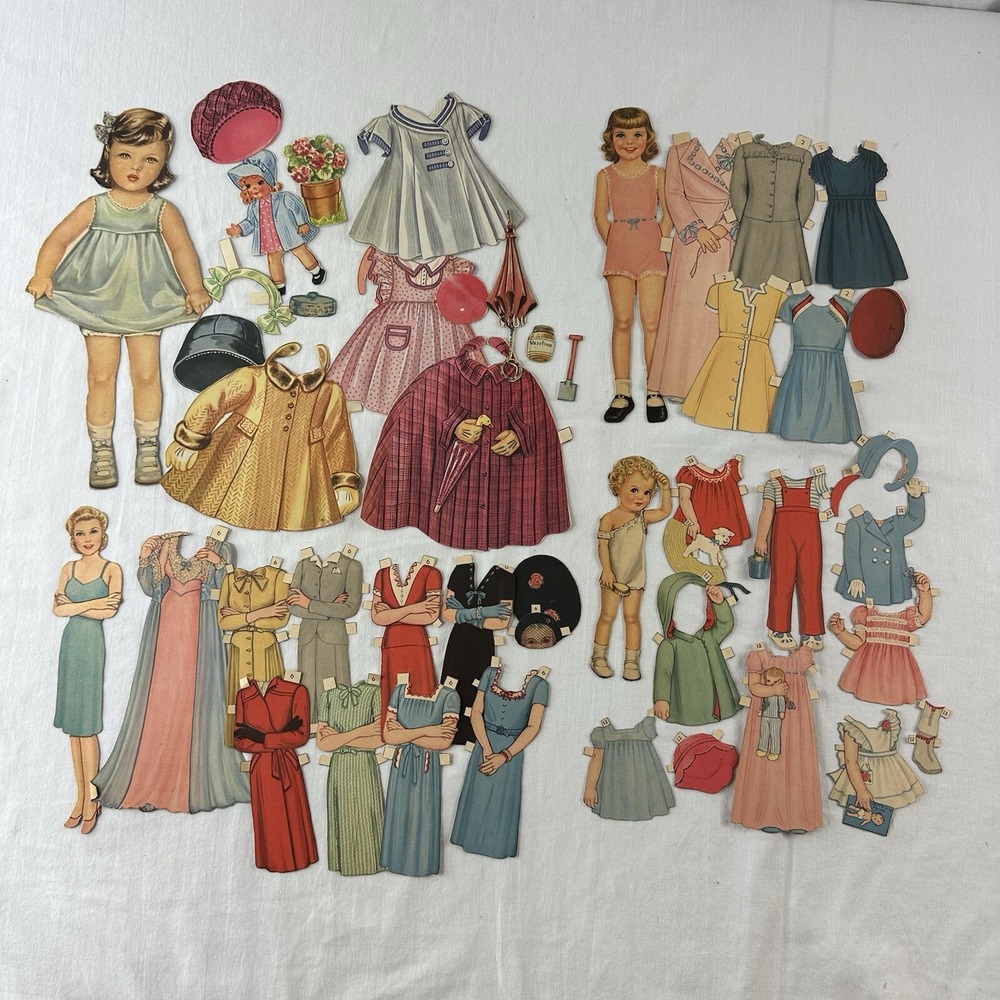 Vtg Paper Doll Lot 1930s 1940s WWII Era 4 Girls W/ Outfits Sister Sue Anna Marie